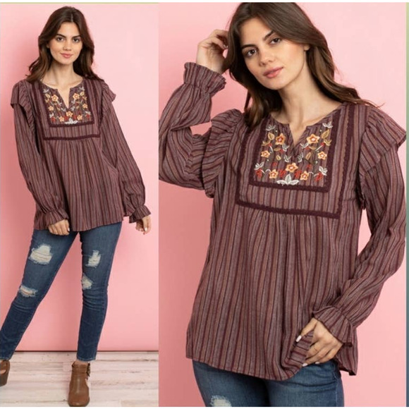 L Love floral embroidered striped peasant linen blend blouse purple large - Picture 6 of 6